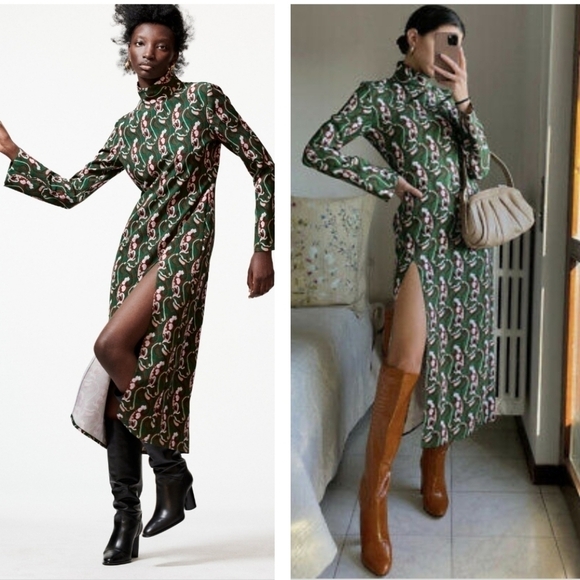 Zara Green Printed Slit Midi Night Out Dress Size Small - Picture 1 of 15